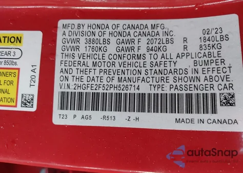 2023 Honda Civic Sport from USA, damaged, VIN 2HGFE2F52PH526714